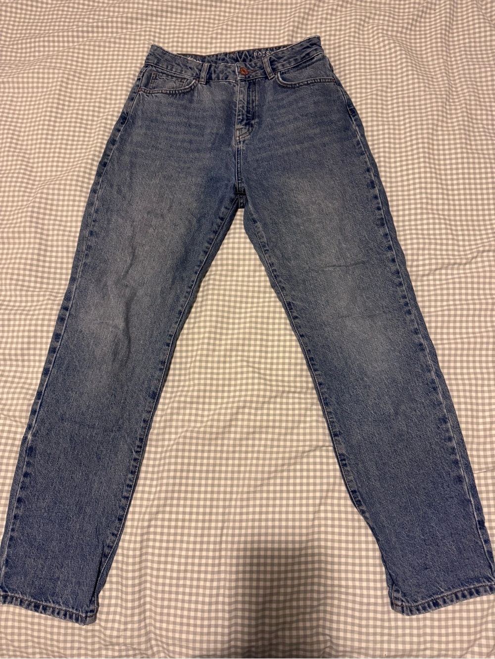 NOISY MAY High Rise Straight Leg Slightly Barrel Women's Mom Jeans in Blue Wash